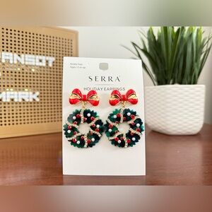 New Serra Aldi Red bow Christmas wreath earrings